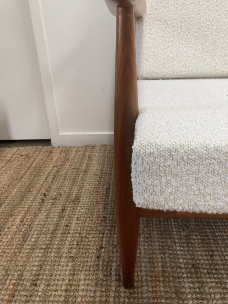 Parker wraparound rattan full set 3 seater couch pair of armchairs pair of ottomans genuine 1960s restored MCM boucle ivory