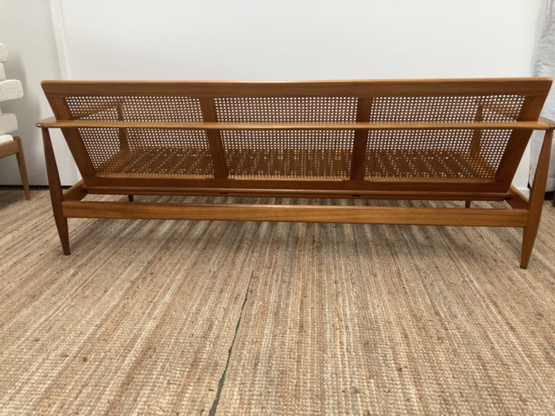 Parker wraparound rattan full set 3 seater couch pair of armchairs pair of ottomans genuine 1960s restored MCM boucle ivory