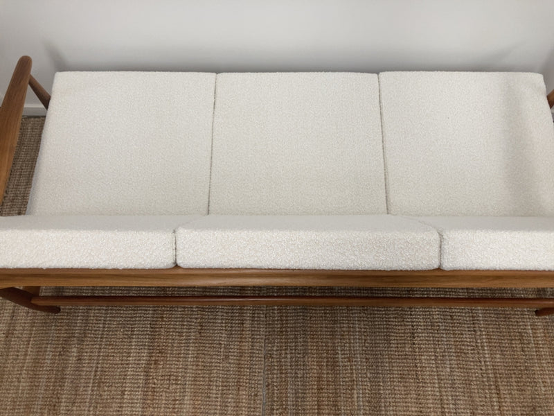 Parker wraparound rattan full set 3 seater couch pair of armchairs pair of ottomans genuine 1960s restored MCM boucle ivory