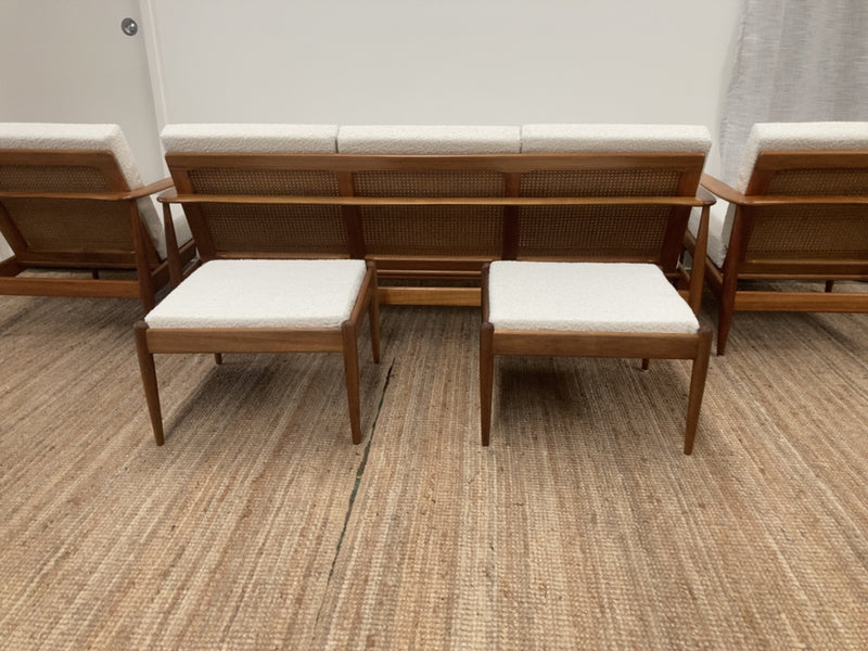 Parker wraparound rattan full set 3 seater couch pair of armchairs pair of ottomans genuine 1960s restored MCM boucle ivory