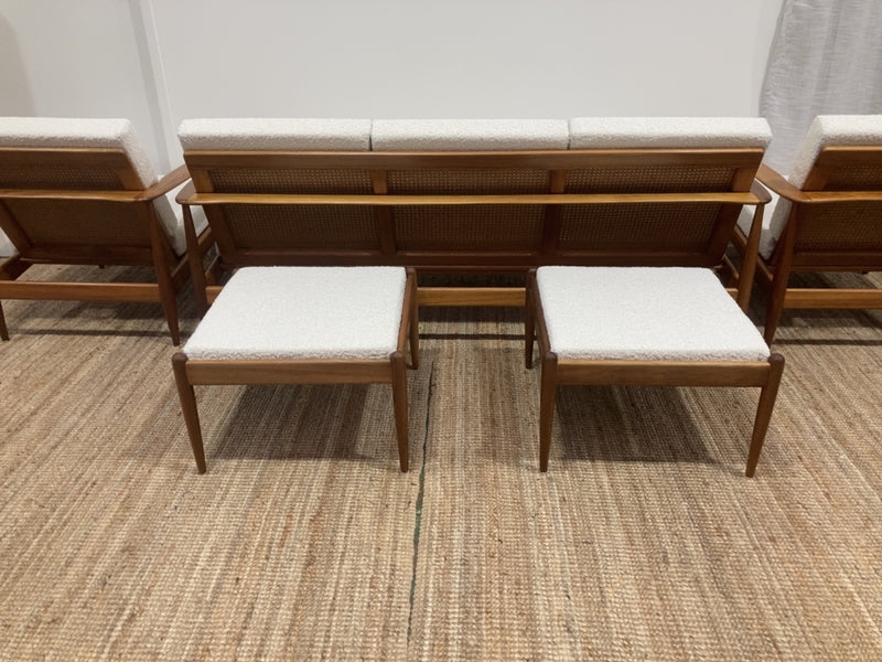 Parker wraparound rattan full set 3 seater couch pair of armchairs pair of ottomans genuine 1960s restored MCM boucle ivory