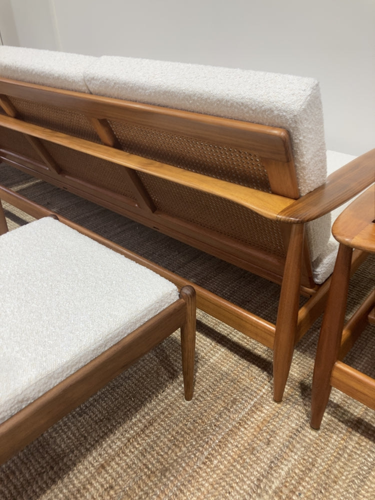 Parker wraparound rattan full set 3 seater couch pair of armchairs pair of ottomans genuine 1960s restored MCM boucle ivory