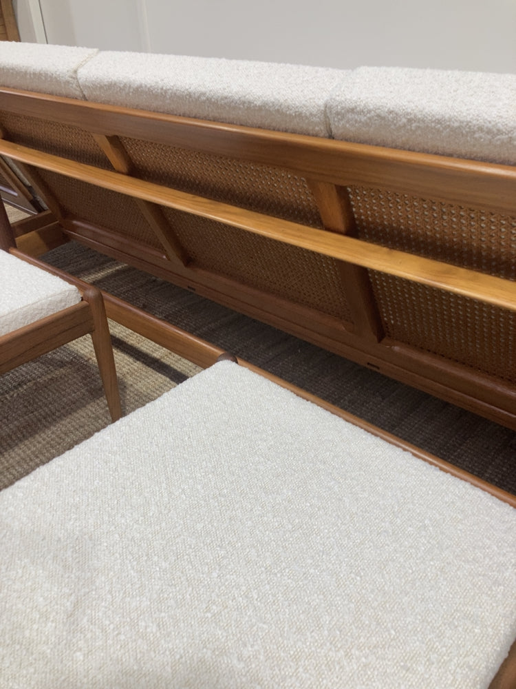 Parker wraparound rattan full set 3 seater couch pair of armchairs pair of ottomans genuine 1960s restored MCM boucle ivory