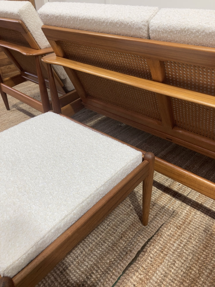 Parker wraparound rattan full set 3 seater couch pair of armchairs pair of ottomans genuine 1960s restored MCM boucle ivory