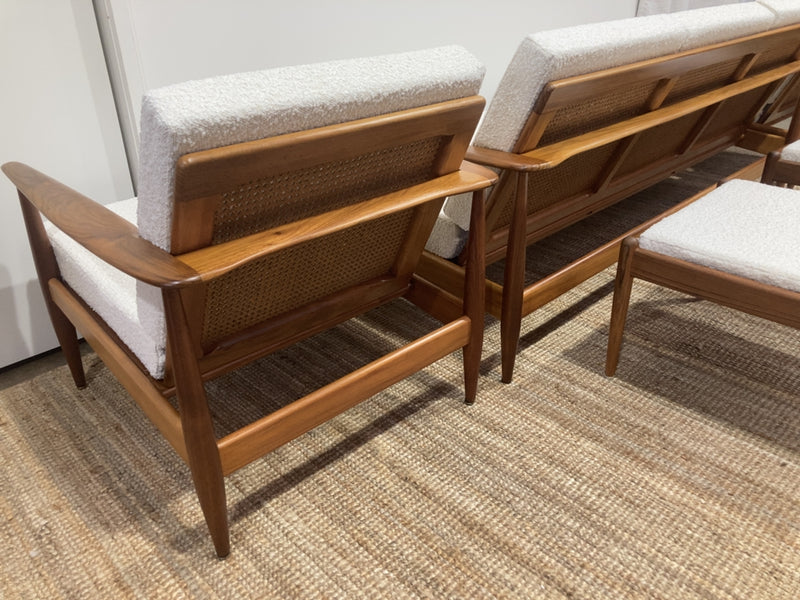 Parker wraparound rattan full set 3 seater couch pair of armchairs pair of ottomans genuine 1960s restored MCM boucle ivory