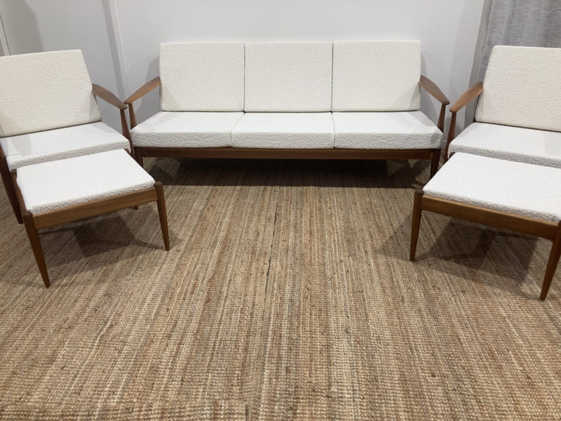 Parker wraparound rattan full set 3 seater couch pair of armchairs pair of ottomans genuine 1960s restored MCM boucle ivory