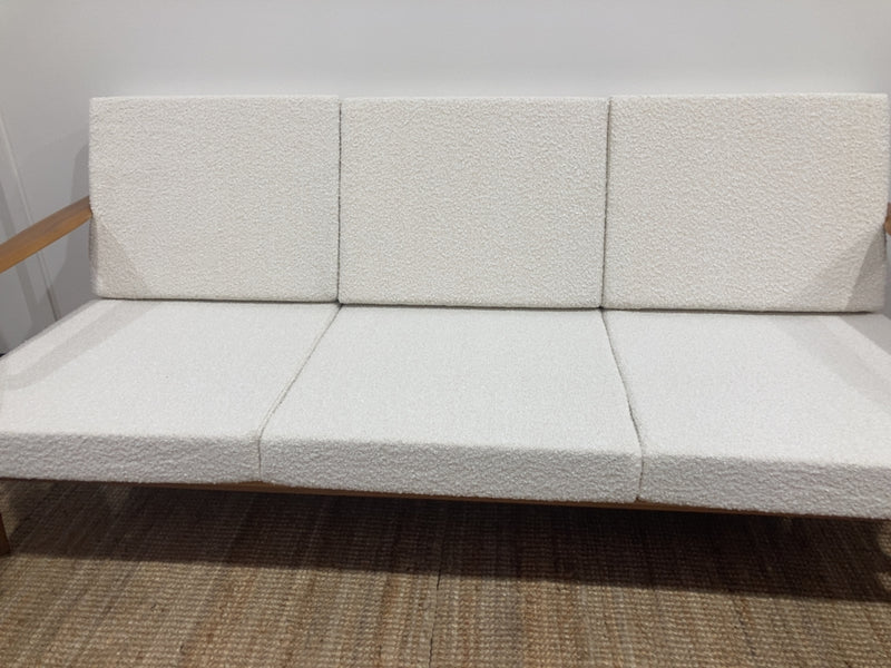 Parker wraparound rattan full set 3 seater couch pair of armchairs pair of ottomans genuine 1960s restored MCM boucle ivory