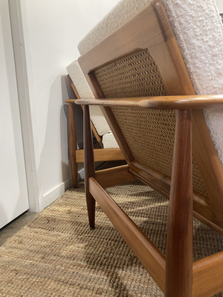 Parker wraparound rattan full set 3 seater couch pair of armchairs pair of ottomans genuine 1960s restored MCM boucle ivory