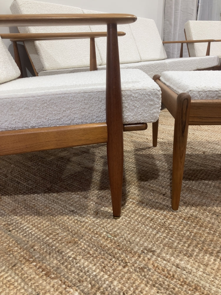 Parker wraparound rattan full set 3 seater couch pair of armchairs pair of ottomans genuine 1960s restored MCM boucle ivory
