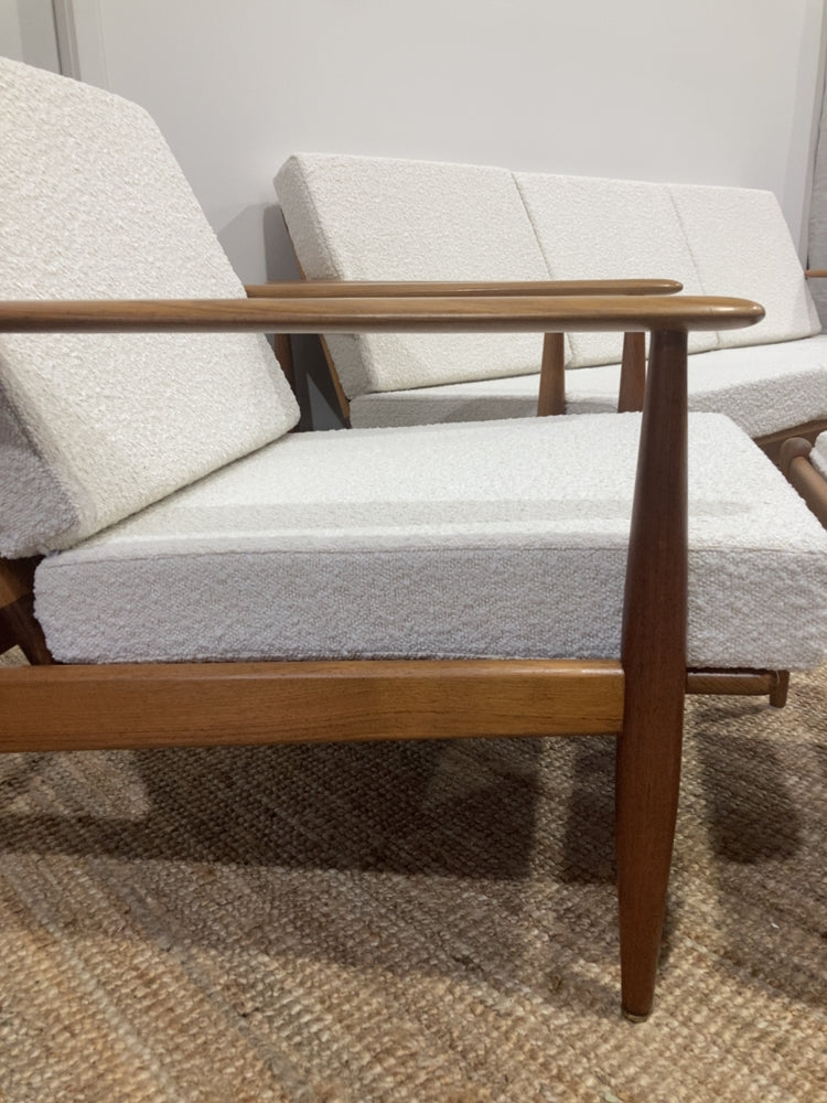 Parker wraparound rattan full set 3 seater couch pair of armchairs pair of ottomans genuine 1960s restored MCM boucle ivory