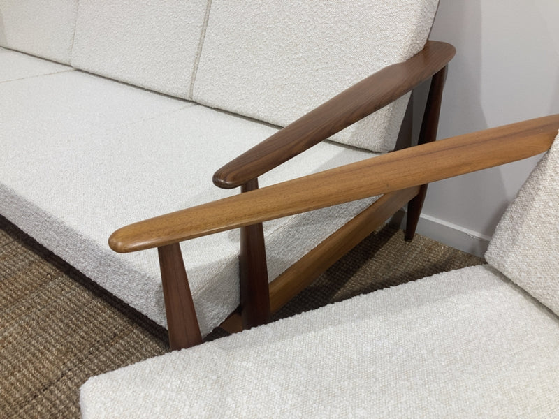 Parker wraparound rattan full set 3 seater couch pair of armchairs pair of ottomans genuine 1960s restored MCM boucle ivory