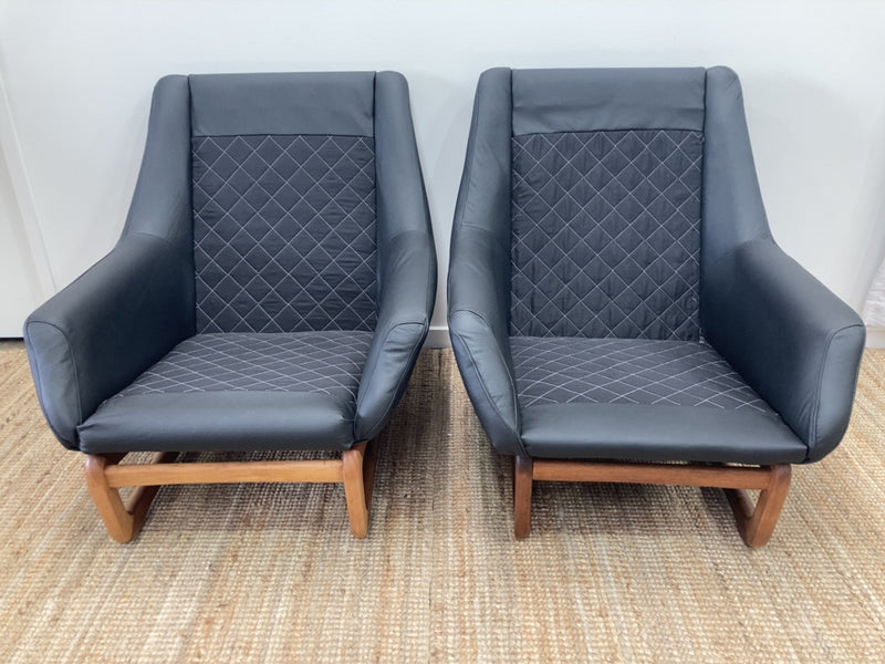 Danish Deluxe Trina pair armchairs sleigh low authentic top grain Italian black leather fully restored