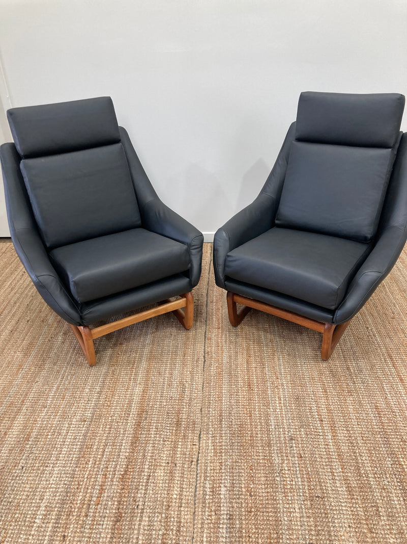 Danish Deluxe Trina pair armchairs sleigh low authentic top grain Italian black leather fully restored