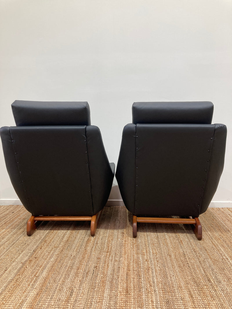 Danish Deluxe Trina pair armchairs sleigh low authentic top grain Italian black leather fully restored