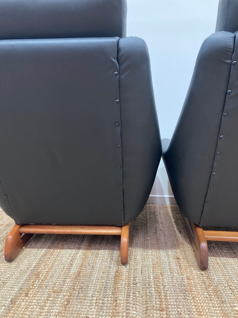 Danish Deluxe Trina pair armchairs sleigh low authentic top grain Italian black leather fully restored