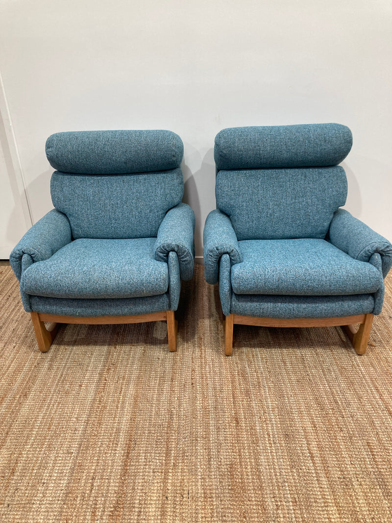 Pair Gerald Easden MCM teak restored armchairs rare genuine sleigh blue
