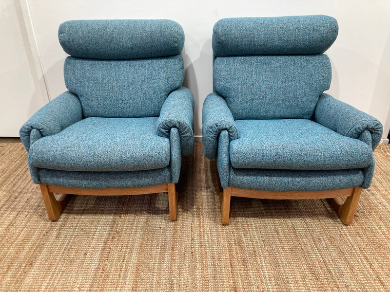 Pair Gerald Easden MCM teak restored armchairs rare genuine sleigh blue
