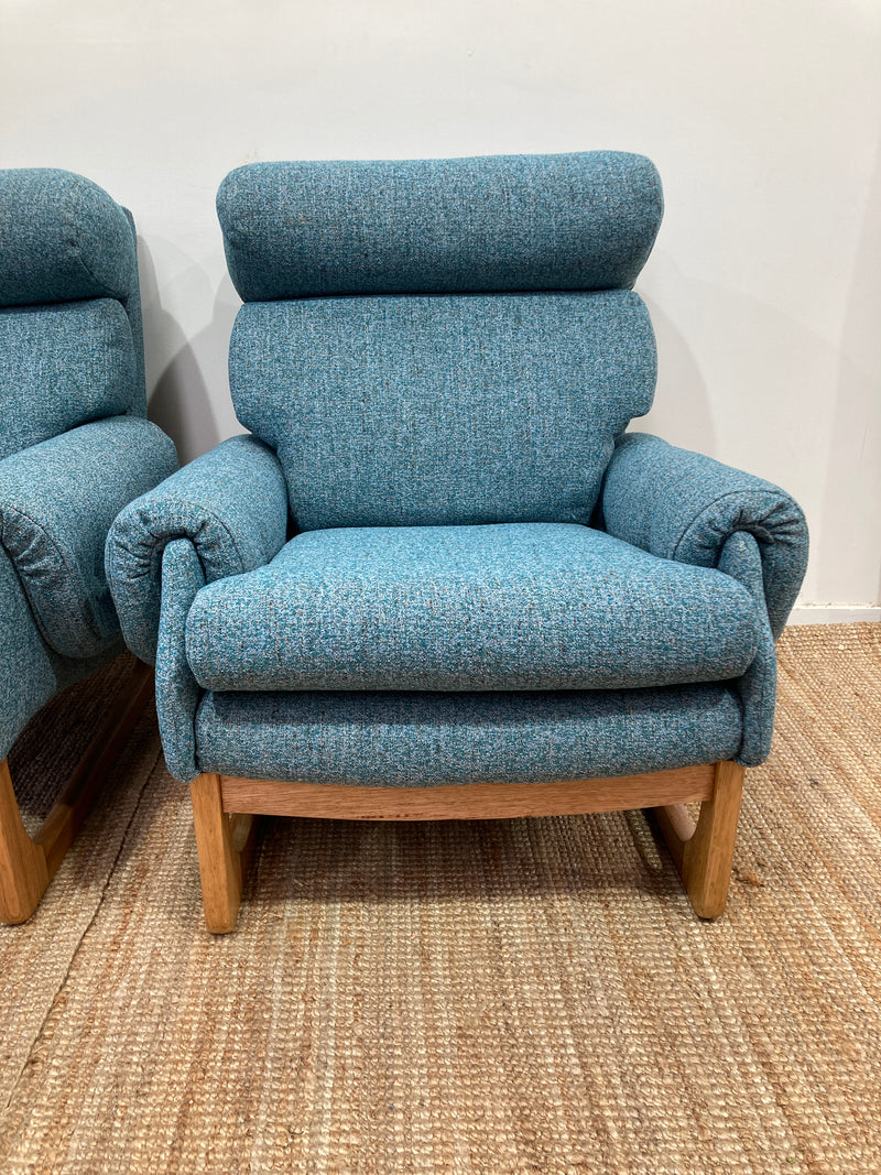 Pair Gerald Easden MCM teak restored armchairs rare genuine sleigh blue