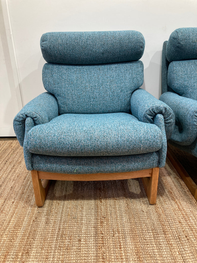 Pair Gerald Easden MCM teak restored armchairs rare genuine sleigh blue