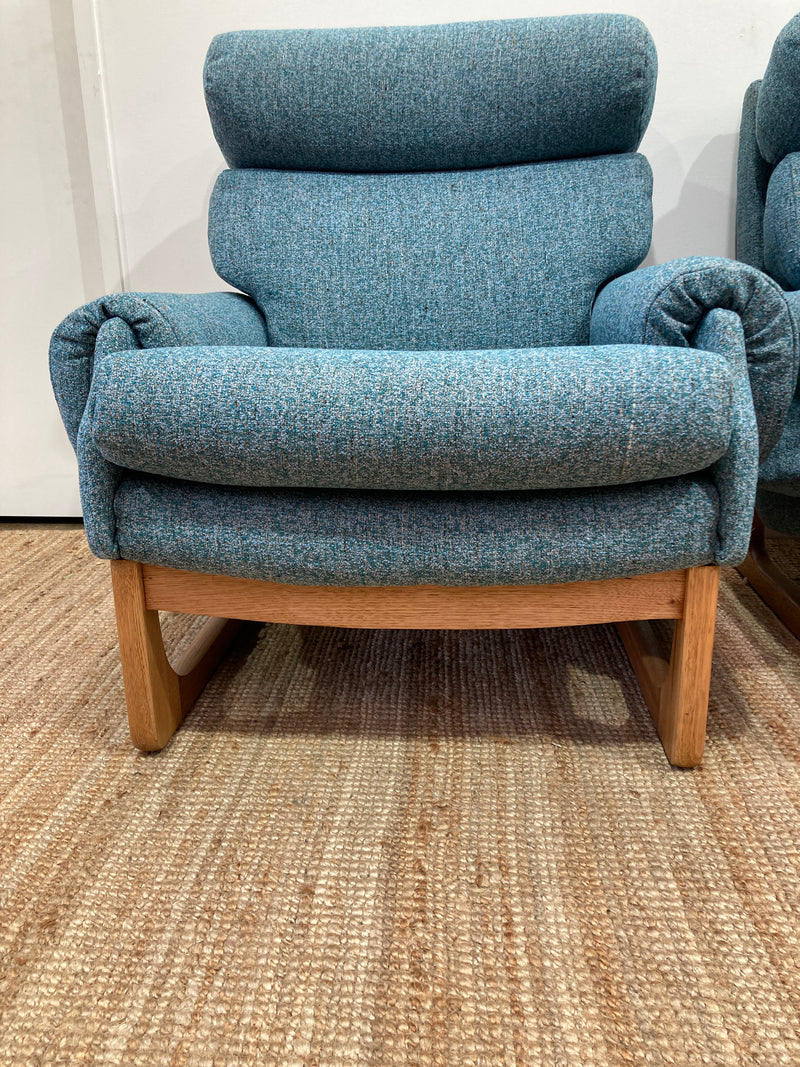 Pair Gerald Easden MCM teak restored armchairs rare genuine sleigh blue
