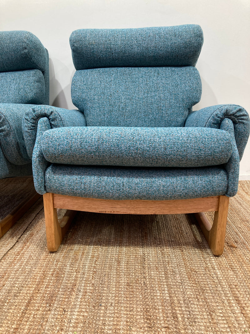 Pair Gerald Easden MCM teak restored armchairs rare genuine sleigh blue