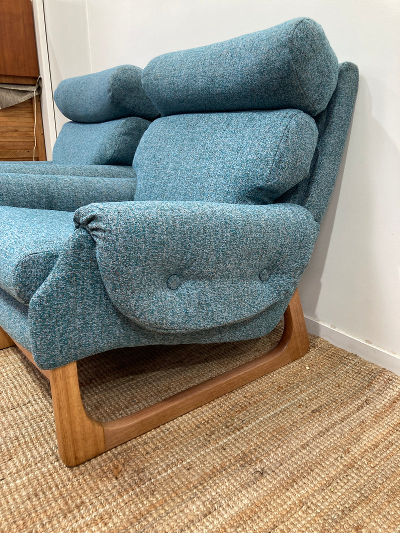 Pair Gerald Easden MCM teak restored armchairs rare genuine sleigh blue