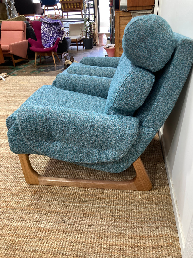 Pair Gerald Easden MCM teak restored armchairs rare genuine sleigh blue