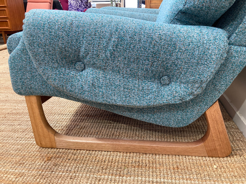 Pair Gerald Easden MCM teak restored armchairs rare genuine sleigh blue
