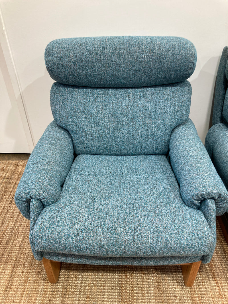 Pair Gerald Easden MCM teak restored armchairs rare genuine sleigh blue