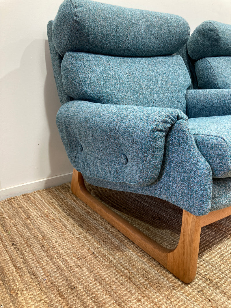 Pair Gerald Easden MCM teak restored armchairs rare genuine sleigh blue