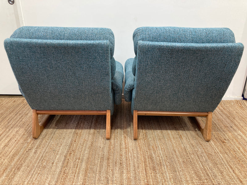 Pair Gerald Easden MCM teak restored armchairs rare genuine sleigh blue