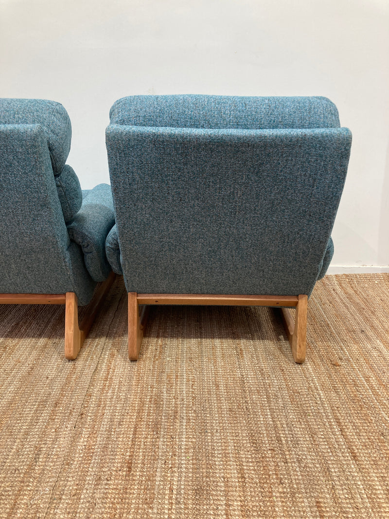 Pair Gerald Easden MCM teak restored armchairs rare genuine sleigh blue
