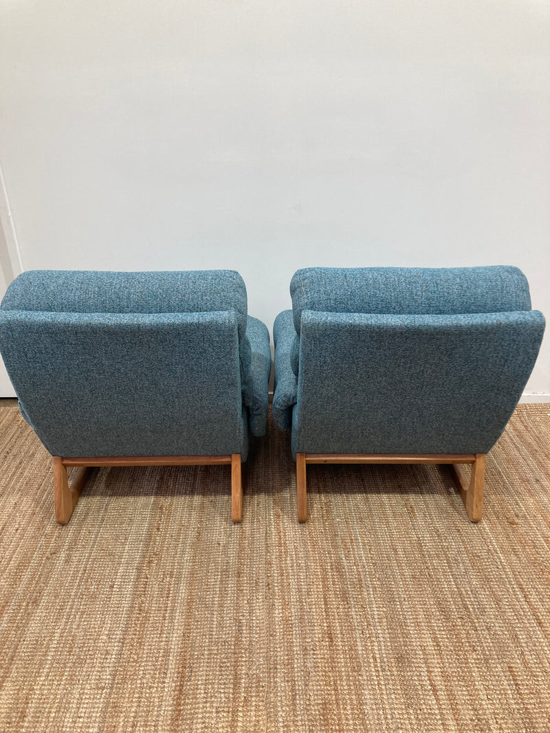 Pair Gerald Easden MCM teak restored armchairs rare genuine sleigh blue