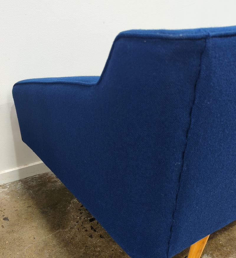 Mid century low profile 4 seater couch royal blue wool blend