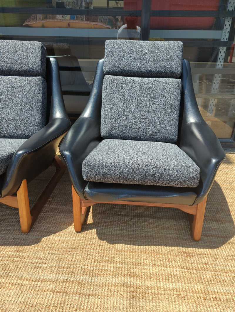 Danish Deluxe pair two Nagila armchairs MCM restored mingle mangle Zepel fabrics