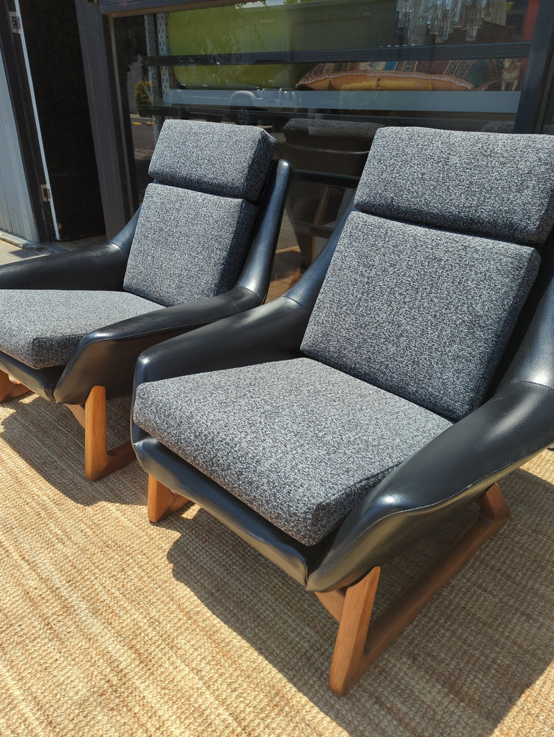Danish Deluxe pair two Nagila armchairs MCM restored mingle mangle Zepel fabrics