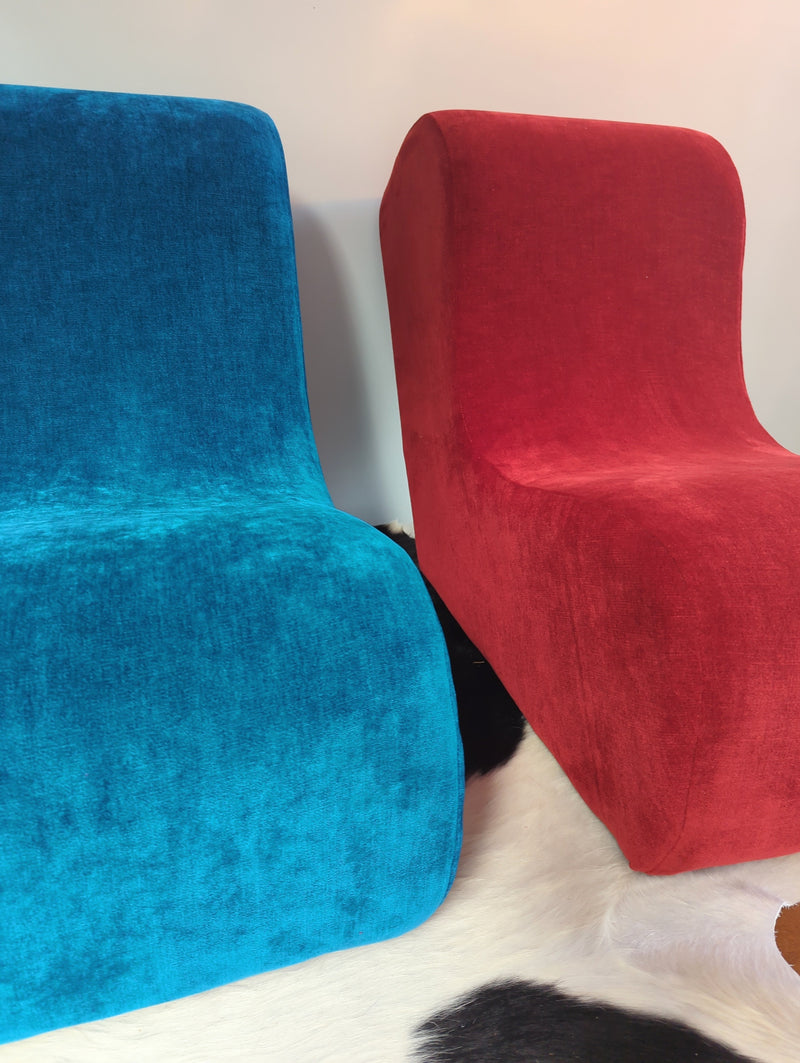 Pair (two) post modern armchairs occasional chairs Warwick velvet red blue