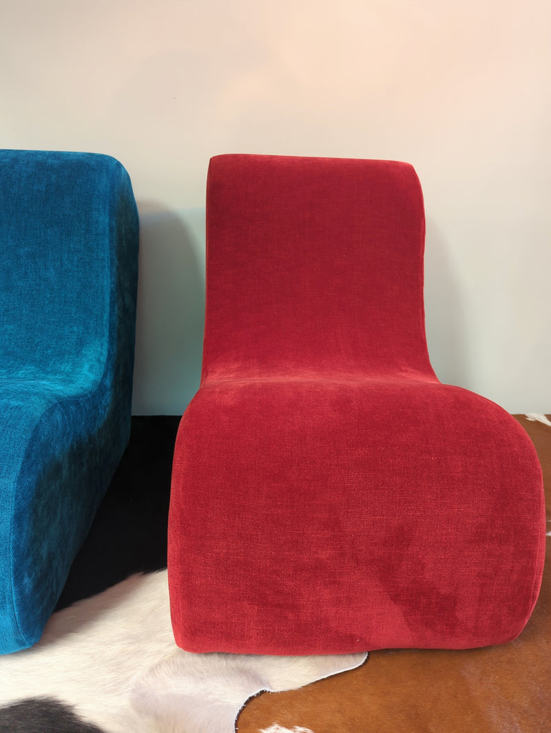 Pair (two) post modern armchairs occasional chairs Warwick velvet red blue