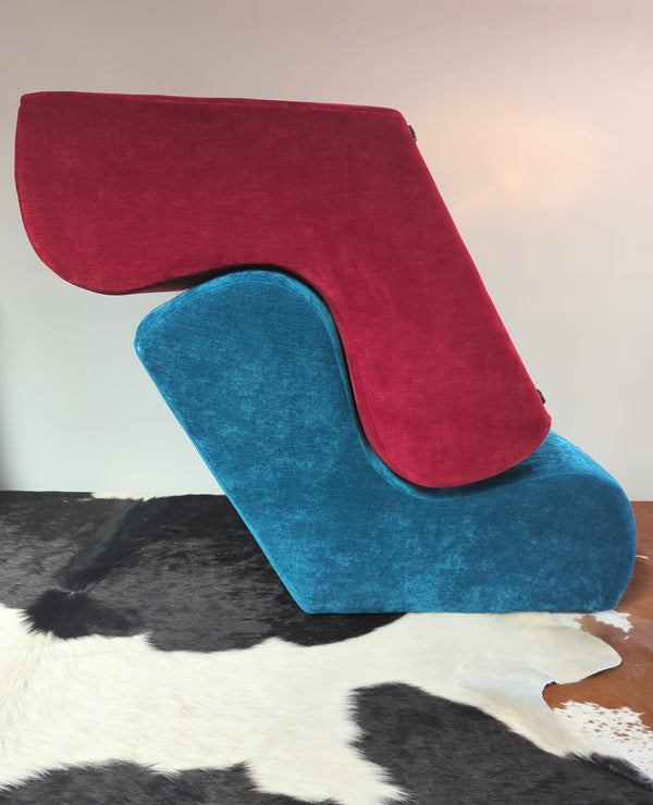 Pair (two) post modern armchairs occasional chairs Warwick velvet red blue