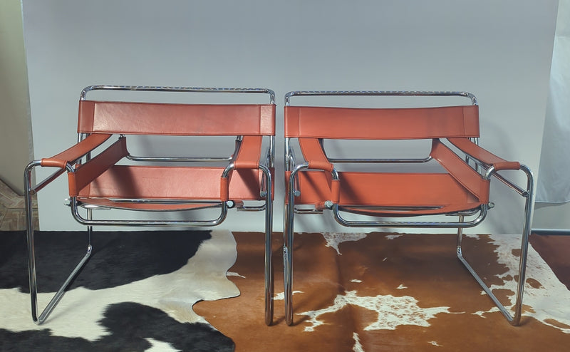 Original pair Marcel Breuer Wassily chairs by Gavina cognac leather restored