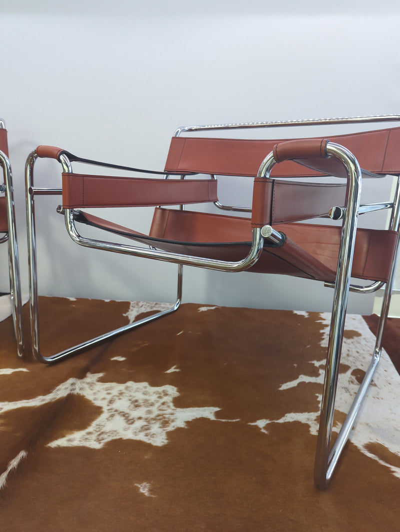 Original pair Marcel Breuer Wassily chairs by Gavina cognac leather restored