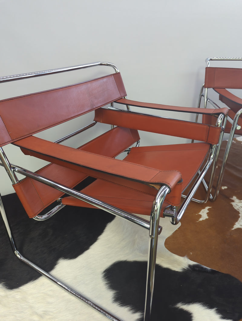 Original pair Marcel Breuer Wassily chairs by Gavina cognac leather restored