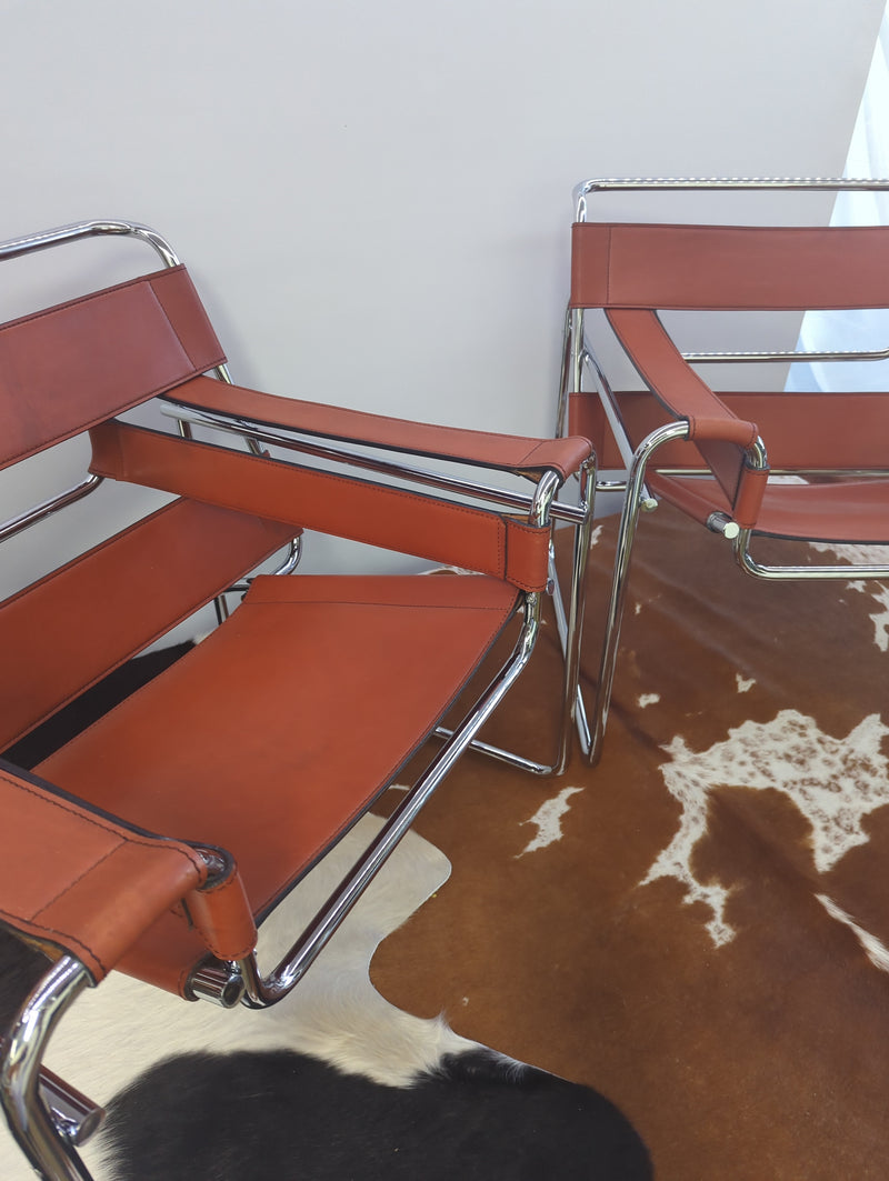 Original pair Marcel Breuer Wassily chairs by Gavina cognac leather restored