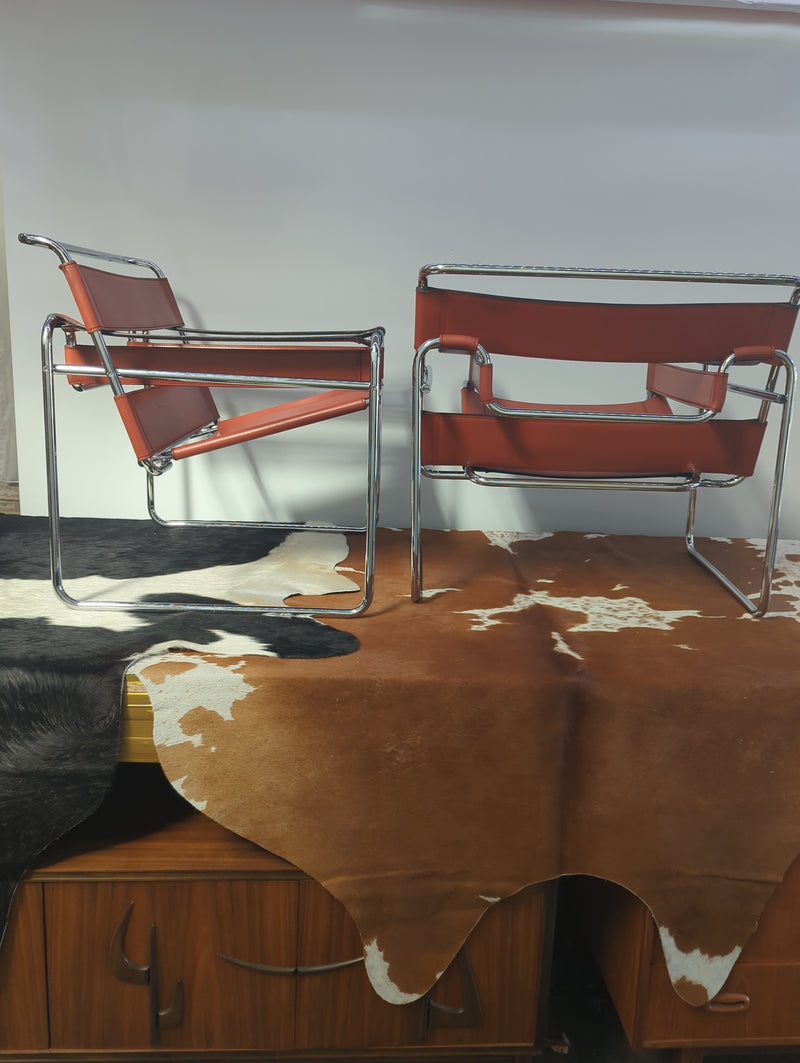 Original pair Marcel Breuer Wassily chairs by Gavina cognac leather restored