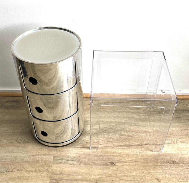 Pair 3 tier storage unit buffet side coffee table Kartell Componibili silver with ghost table space furniture used