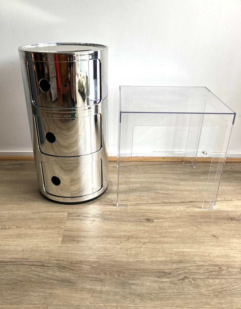 Pair 3 tier storage unit buffet side coffee table Kartell Componibili silver with ghost table space furniture used