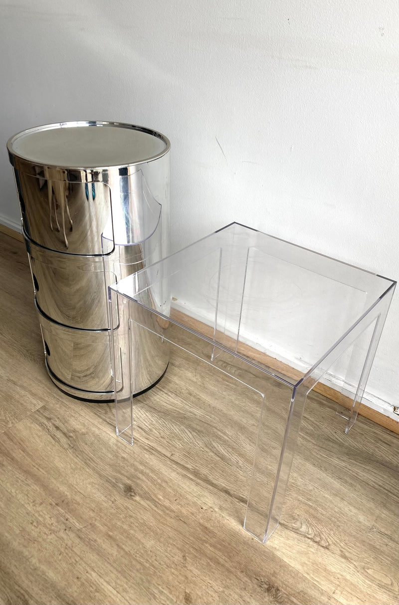 Pair 3 tier storage unit buffet side coffee table Kartell Componibili silver with ghost table space furniture used