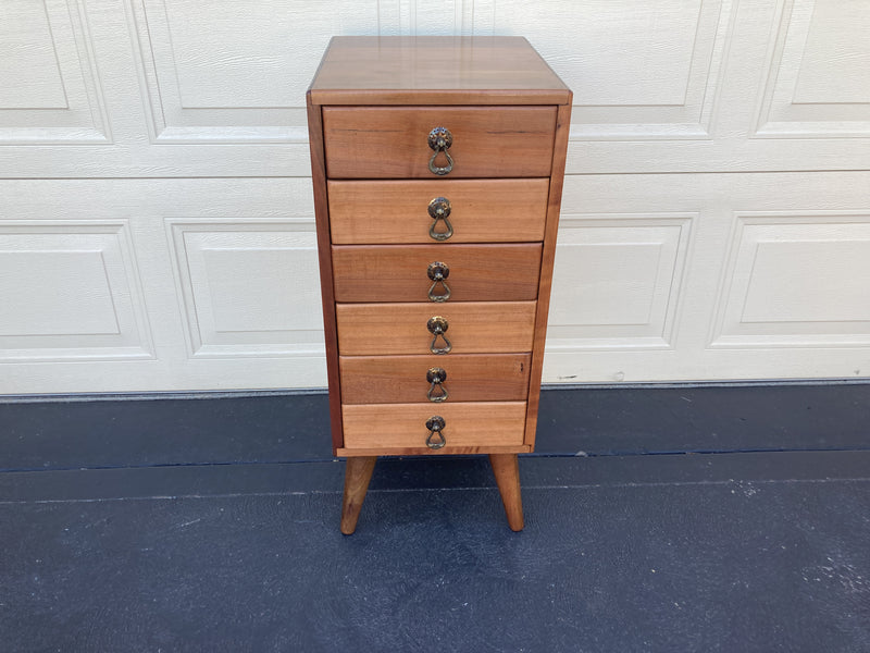 6 drawer cabinet fully restored teak honeycomb tapered legs vintage MCM brass