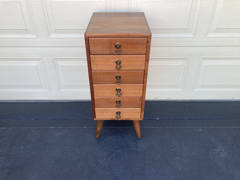 6 drawer cabinet fully restored teak honeycomb tapered legs vintage MCM brass