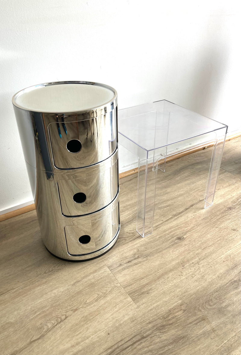 Pair 3 tier storage unit buffet side coffee table Kartell Componibili silver with ghost table space furniture used